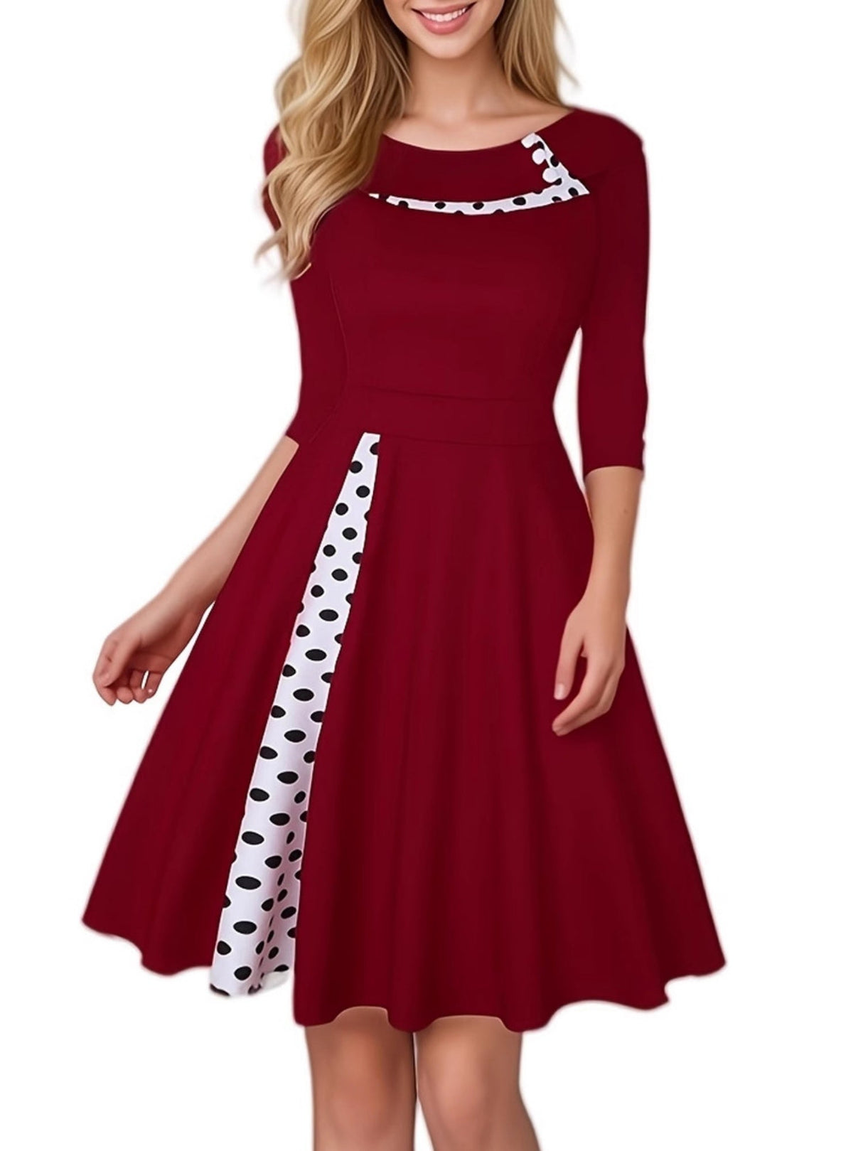 Christmas Polka Dots Splicing Retro Lapel Three-quarter Sleeves Midi Dresses