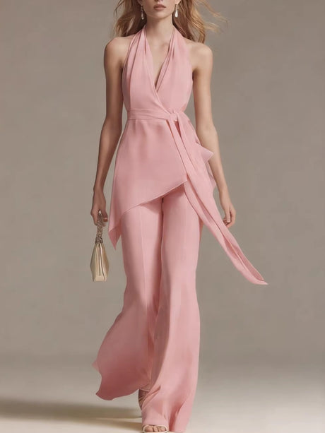 Halter-neck Backless Belt Sleeveless Top And Wide-leg Pants Two-piece Set