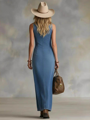 Button-front Sleeveless Denim Maxi Dress