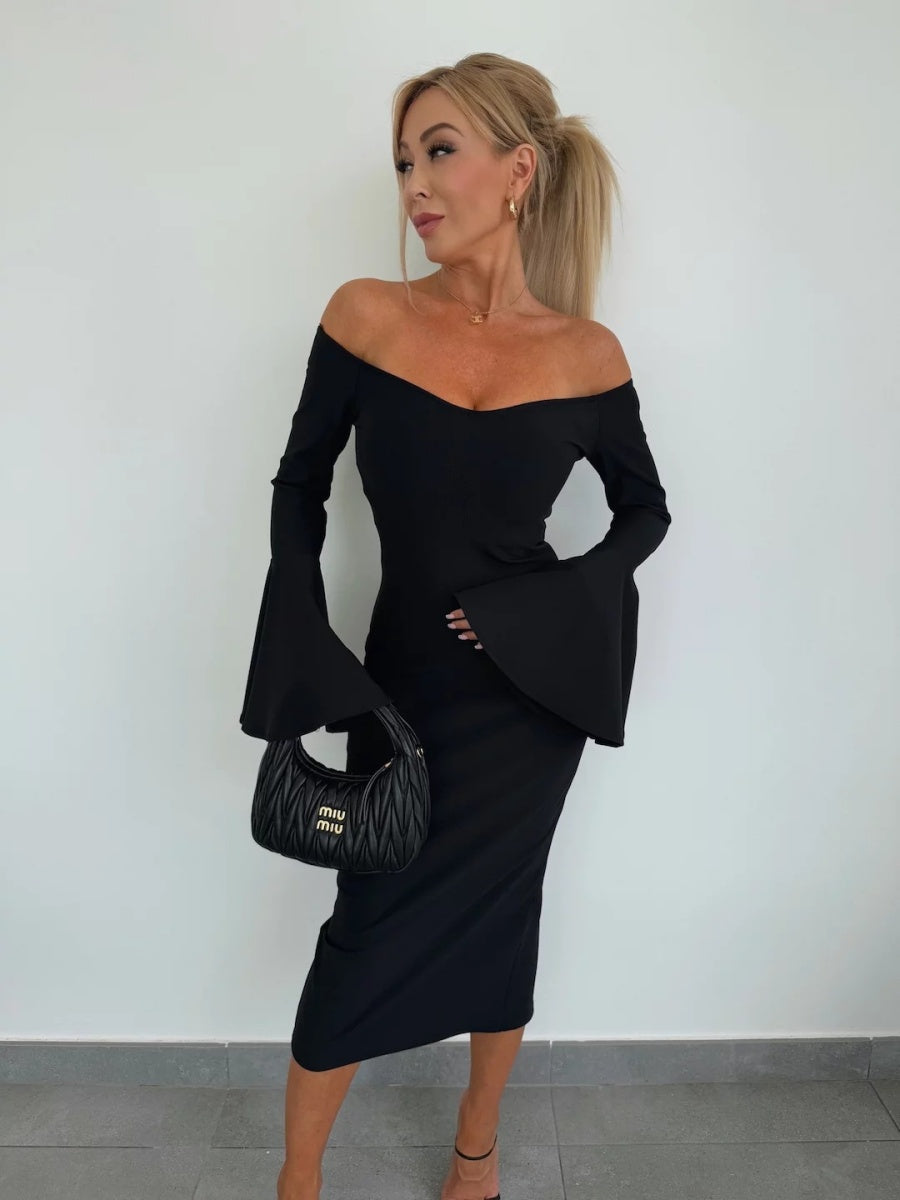 V-neck Flared Sleeves Off Shoulder Sexy Hip-hugging Dinner Cocktail Midi Dresses