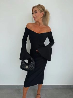 V-neck Flared Sleeves Off Shoulder Sexy Hip-hugging Dinner Cocktail Midi Dresses