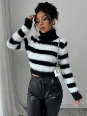 Turtleneck Color-blocked Stripes Knitted Sweater