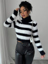 Turtleneck Color-blocked Stripes Knitted Sweater