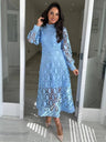 Hollow-out Long-sleeved Stand-up Collar Short Dress With Lace Trim