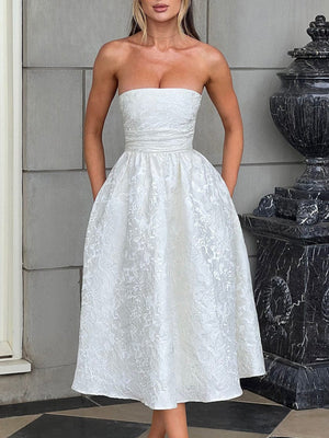 Pleating Jacquard Of Plants And Flowers Tube Top Maxi Dresses