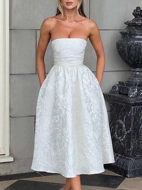 Pleating Jacquard Of Plants And Flowers Tube Top Maxi Dresses