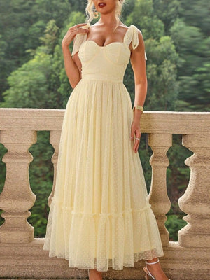 Polka Dots Strapless Shoulder Strap Mesh Splicing Sweet Maxi Dresses