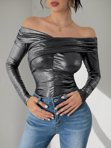 One-shoulder Collar Metallic Paint Gathering Bodysuits