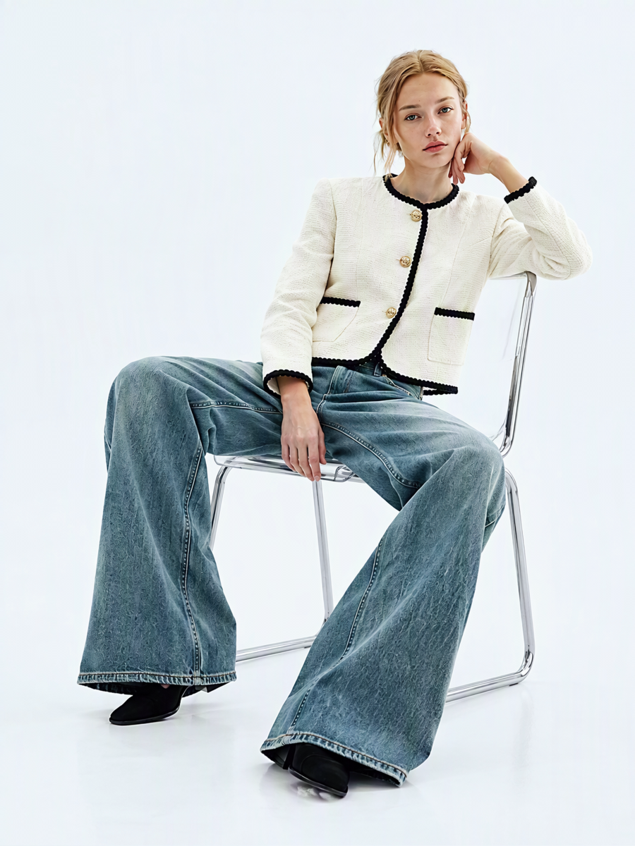 Color-blocked Long-sleeved Split Short Chanel-style Jacket Jackets