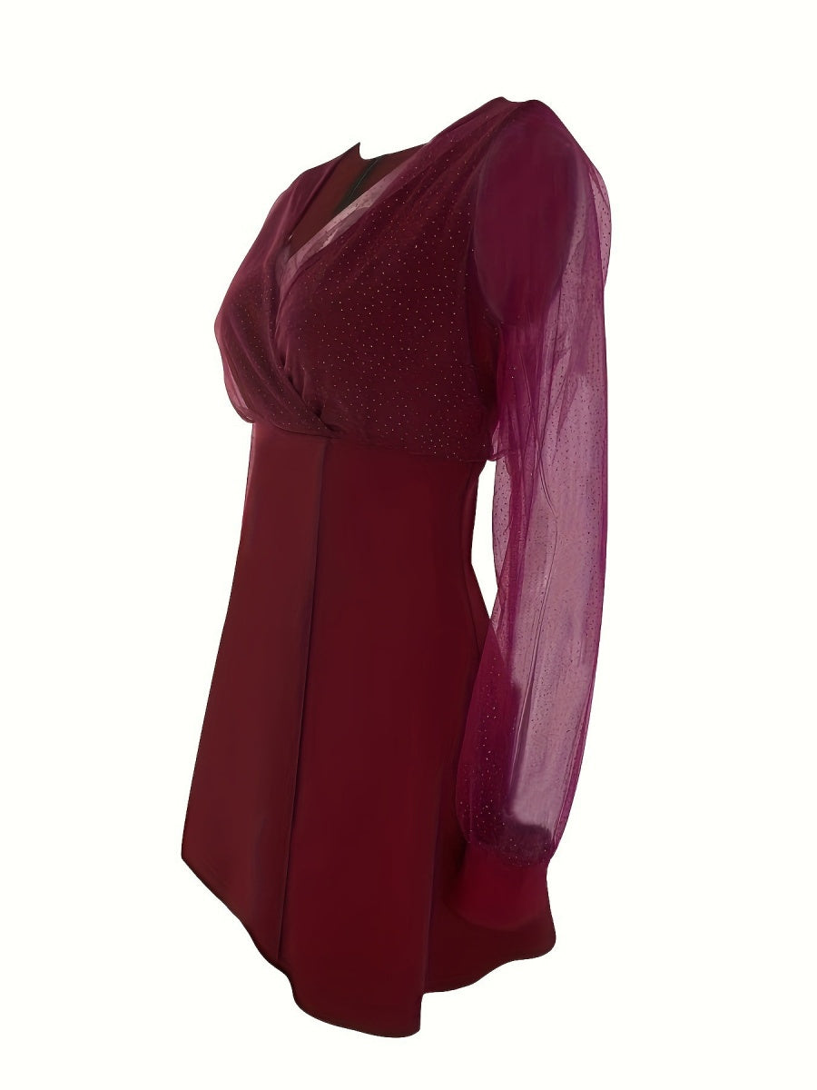 V-neck Mesh Splicing Long Sleeve Sequins A-pendulum Sexy Grace Party Short Dress