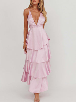 Ruffled Splicing Satin V-neck Tank Top Maxi Dresses