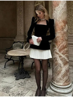 Zipper Long-sleeved Color-blocked Pleated Hem Mini&Short Dresses