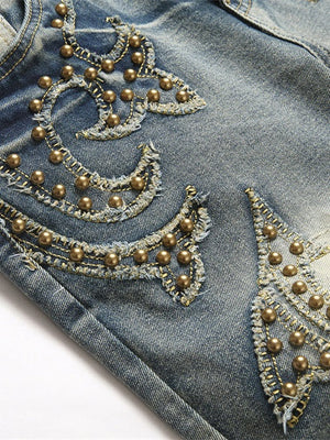 Punk Blue Slim Stretch Orange Patches Straight Flared Jeans