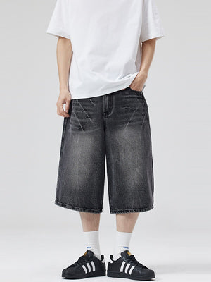Retro Distressed Lightning Straight-fit 7 Points Denim Shorts