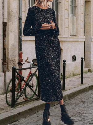 Sequins Long Sleeve Crew Neck Loose Maxi Dresses