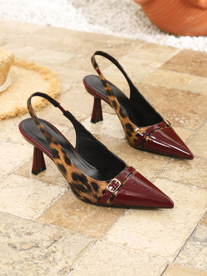 Pointed-toe Leopard Print Patchwork Open-back High Heels