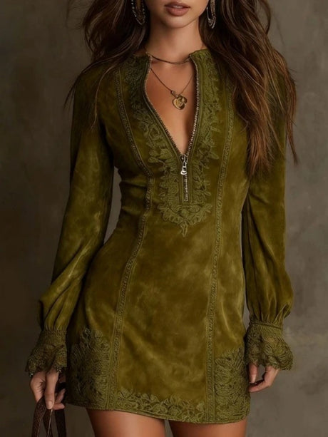 Zipper Lace Trim V-neck Long Sleeve Embroidery Mini&Short Dresses