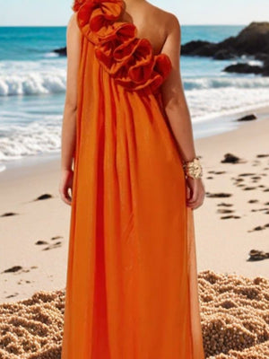 3D Floral Pleats Off-shoulder And Backless Maxi Dresses