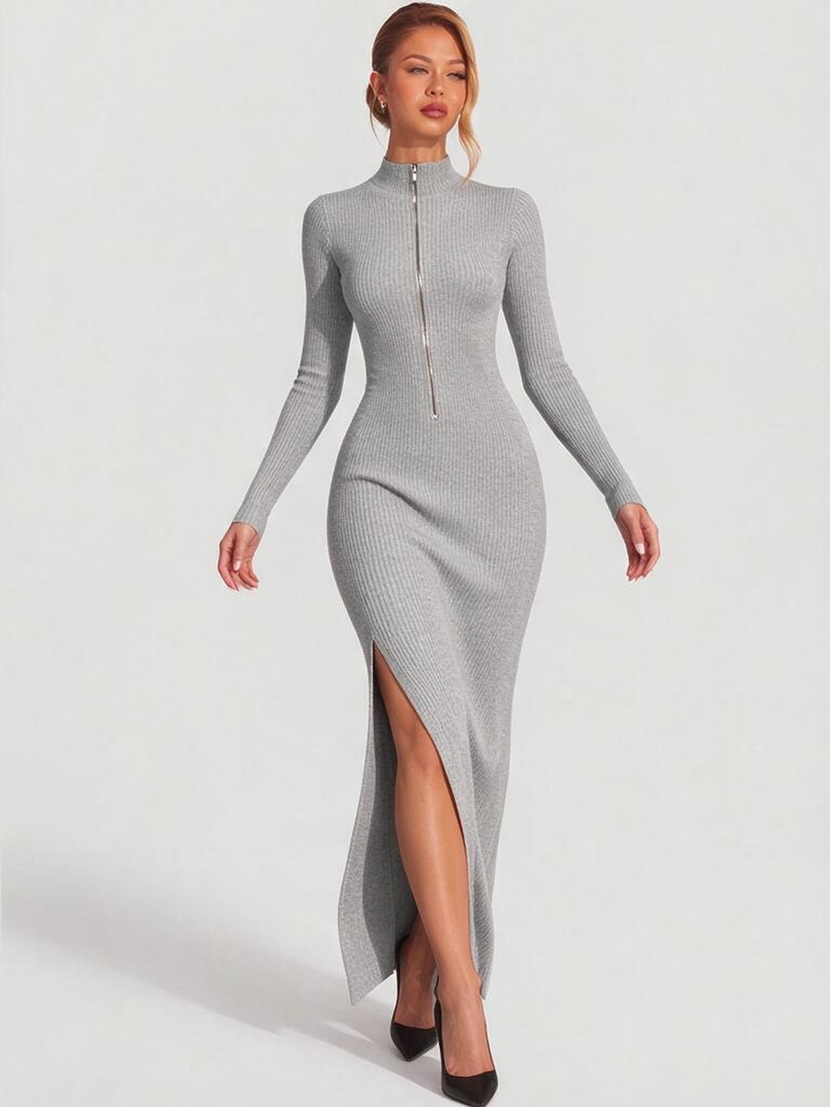 Half-zip Stand Collar Long-sleeved Ribbed Stretch Side Slit Slim-fit Long Dress