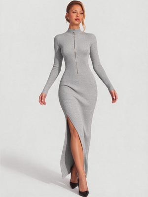 Half-zip Stand Collar Long-sleeved Ribbed Stretch Side Slit Slim-fit Long Dress