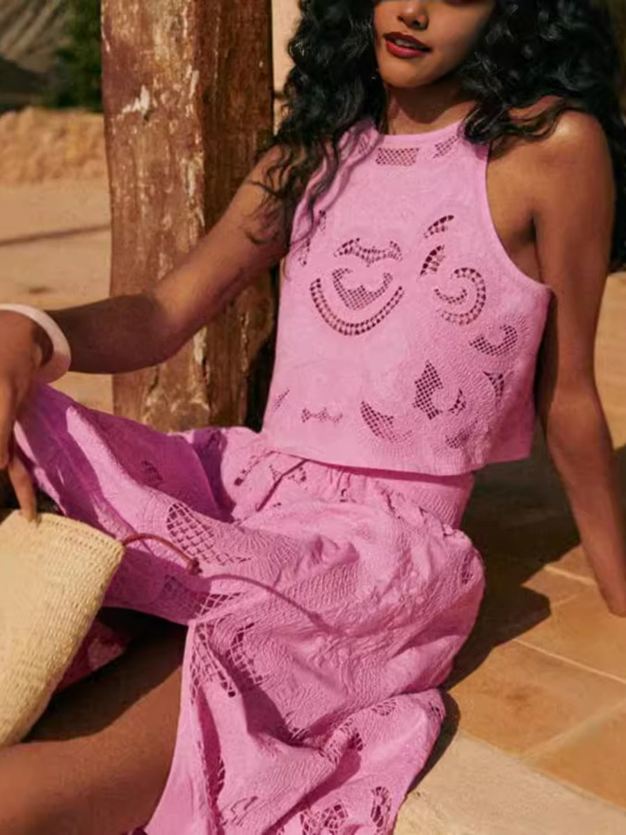 Pink Floral Cutout Sleeveless Top And A-line Skirt Two-piece Set