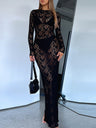 Lace See-through Sexy Mesh Round Neck Long Sleeve Maxi Dresses