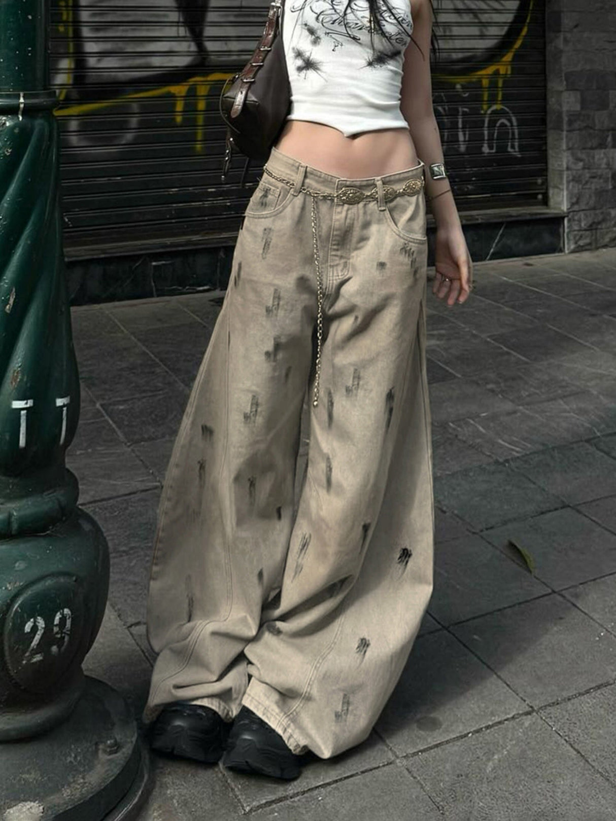 Distressed Cement Retro Straight-leg Pants Jeans