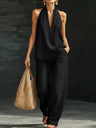 Vintage Distressed Washed Denim Sleeveless Top And Loose-fitting Trousers Two-piece Set