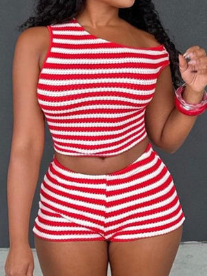 Striped Color Blocking Tank Top And Shorts 2-piece Sets