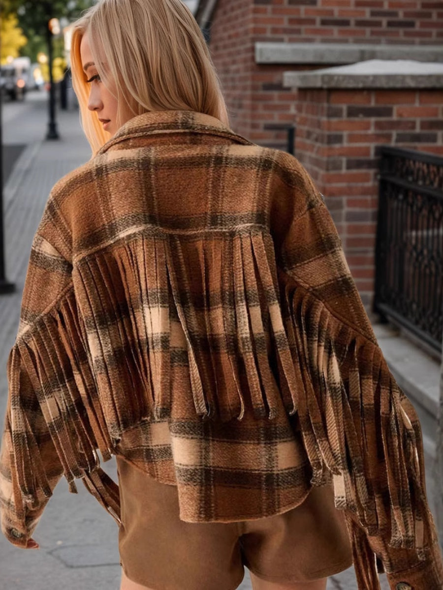 Liber Autumn women's plaid button tassel pocket short patchwork jacket