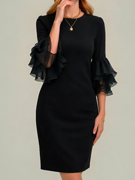 Ruffled Bell Sleeves Fitted Midi Dress