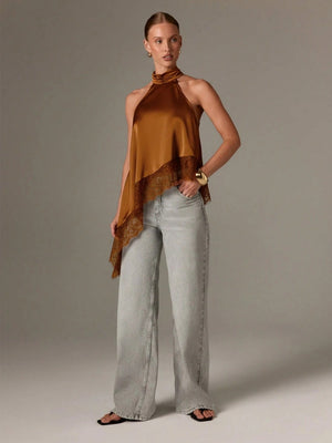 Halter Neck Lace Irregular Hem Spaghetti Strap