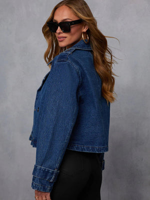 Lapel Double-breasted Long Sleeves Short Denim Jacket