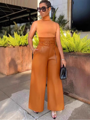 High Waist PU Leather Metal Belt Wide-leg Trousers