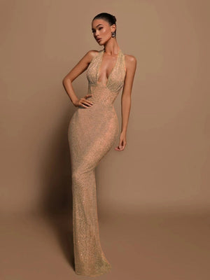 Halter sequins Deep V Bodycon long dress