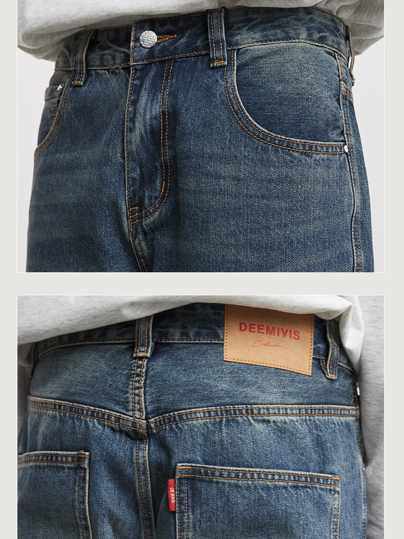 Washed Straight-fit Simple Jeans