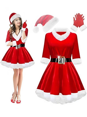 Christmas Velvet Dress Belt Striped Over-the-knee Socks Gloves Hats Santa Claus Party Costumes Multi-piece Sets