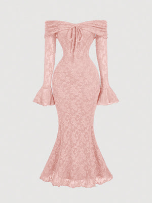Lace Bow-embellished Off-shoulder Long-sleeved Dress