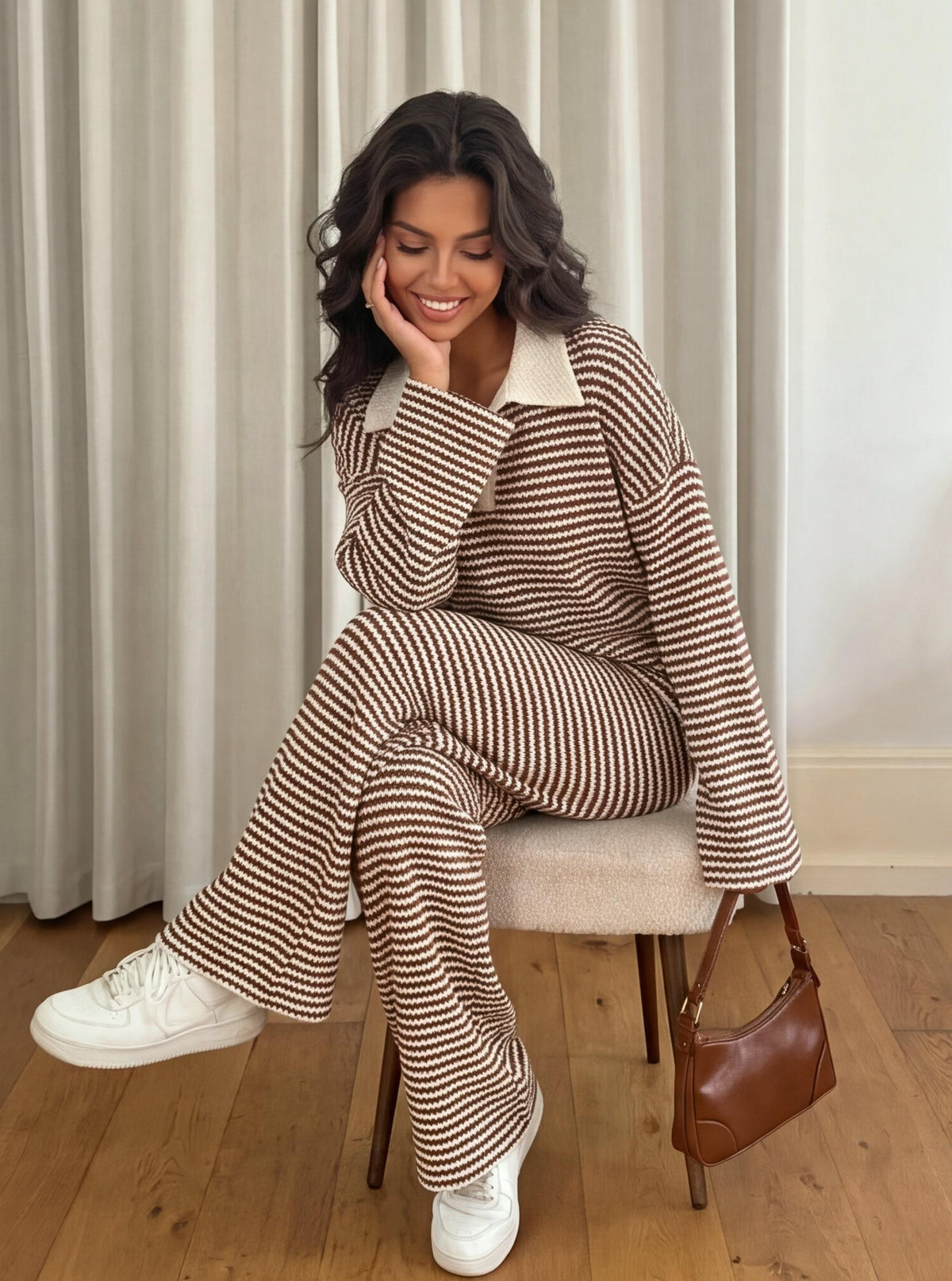Loose-fitting Striped V-neck Drop-shoulder Autumn/winter Suit