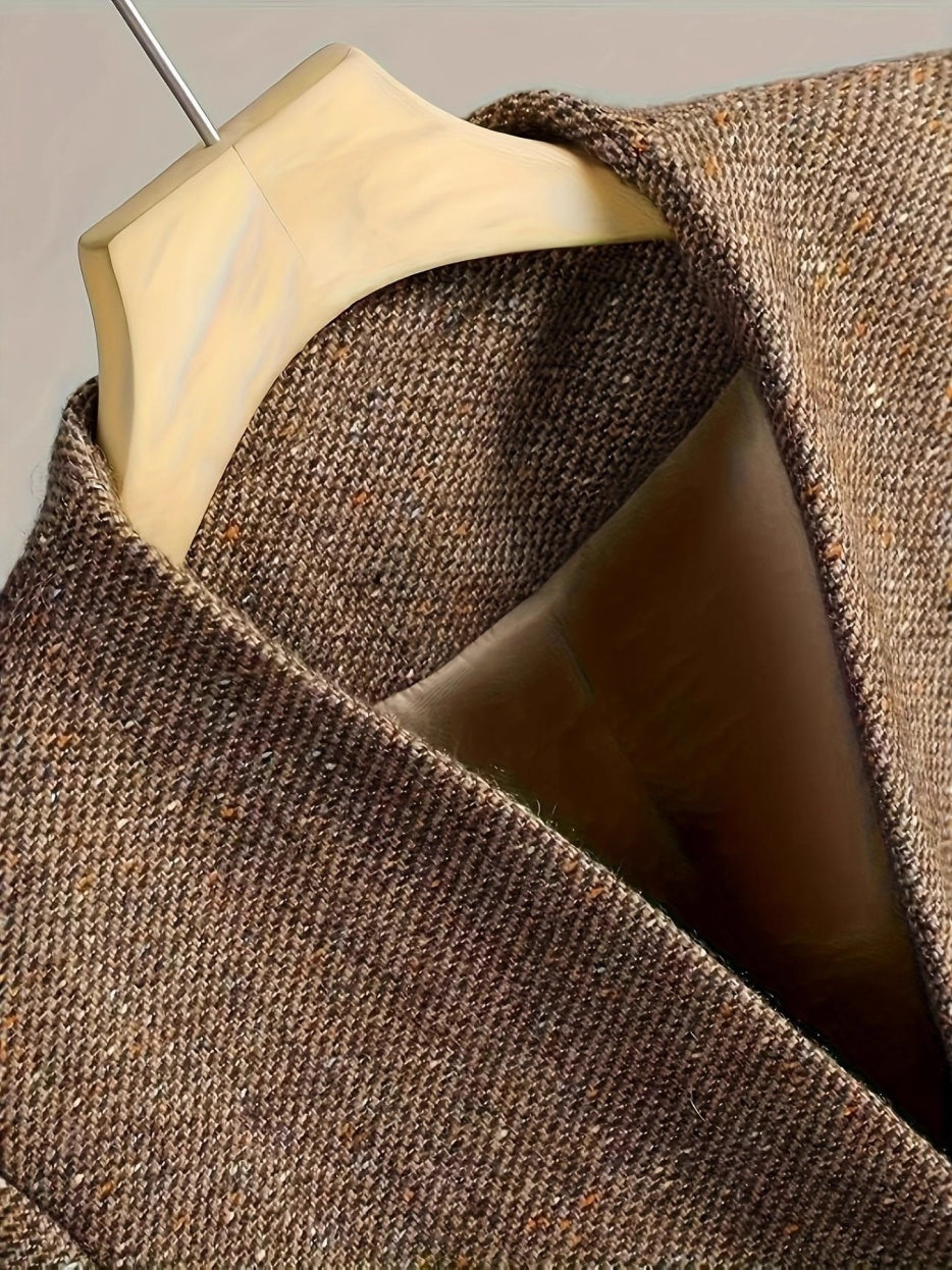 Tweed Fabric Notch Collar Flower Brooch Slim Fit Temperament Short Blazers