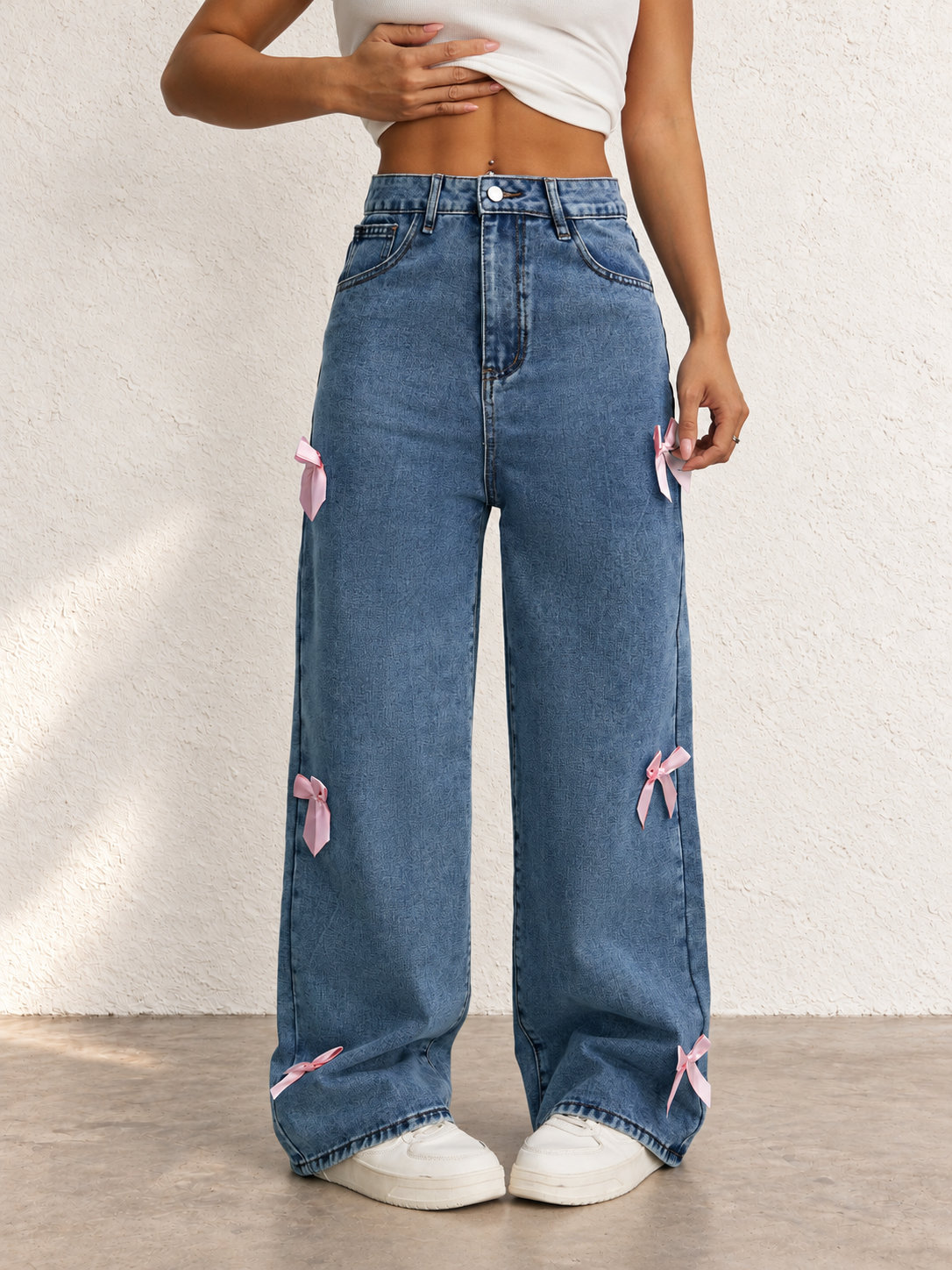 Women's Autumn/Winter High-Waisted Wide-Leg Jeans With Bow Decoration