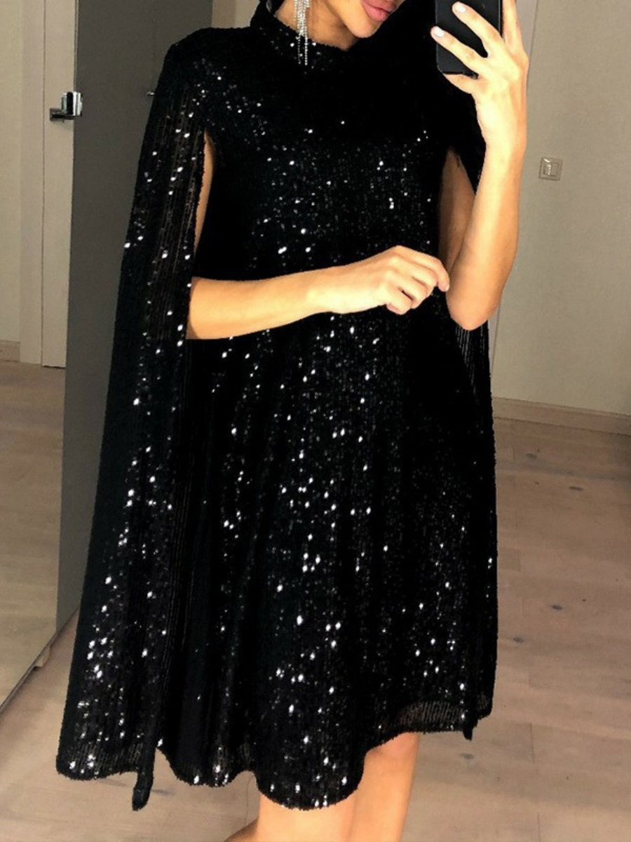 Small Stand-up Collar Sequins Loose Mini&Short Dresses