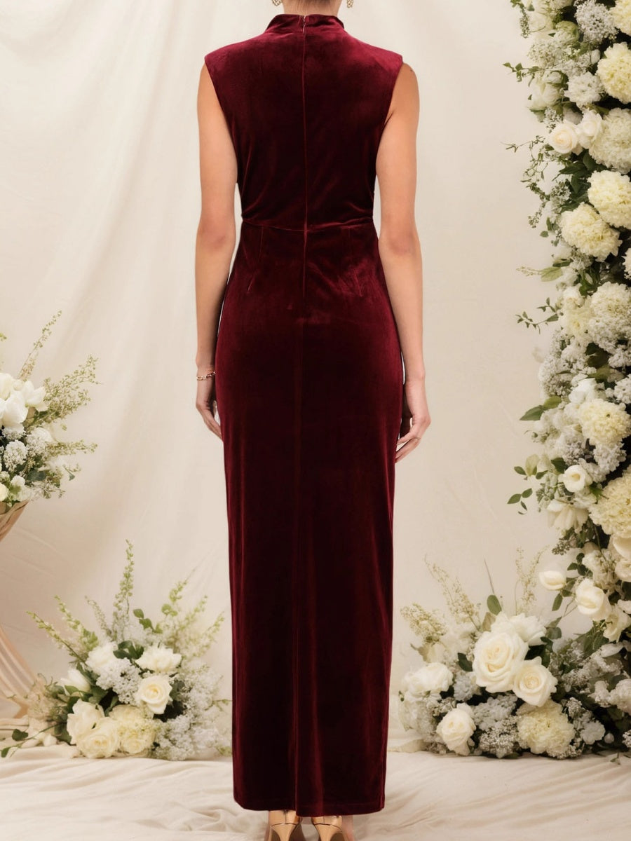 Sleeveless Turtleneck Burgundy Velvet Pleated High Slit Parties Long Evening Dress