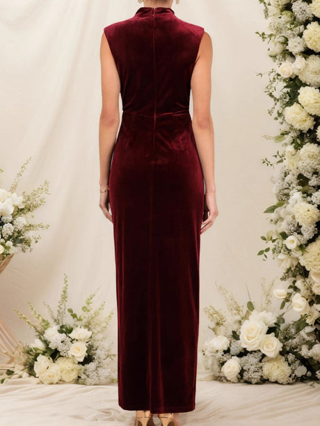 Sleeveless Turtleneck Burgundy Velvet Pleated High Slit Parties Long Evening Dress