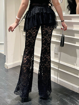 Y2K Lace Patchwork Hollowed-out Perspective High-waisted Flared Pants Slimming Pants