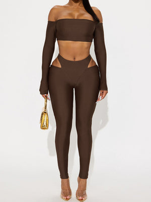Hollow Out Off-shoulder Long-sleeved Short Top Tight Pants 2-piece Sets