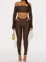Hollow Out Off-shoulder Long-sleeved Short Top Tight Pants 2-piece Sets