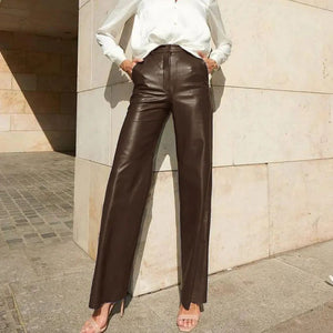 Autumn Fashion PU Leather Mid-High Waist Hip-Lift Straight Leg Women's Pants