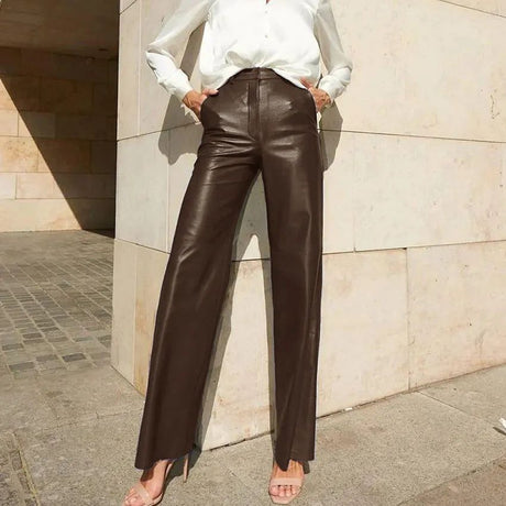 Autumn Fashion PU Leather Mid-High Waist Hip-Lift Straight Leg Women's Pants