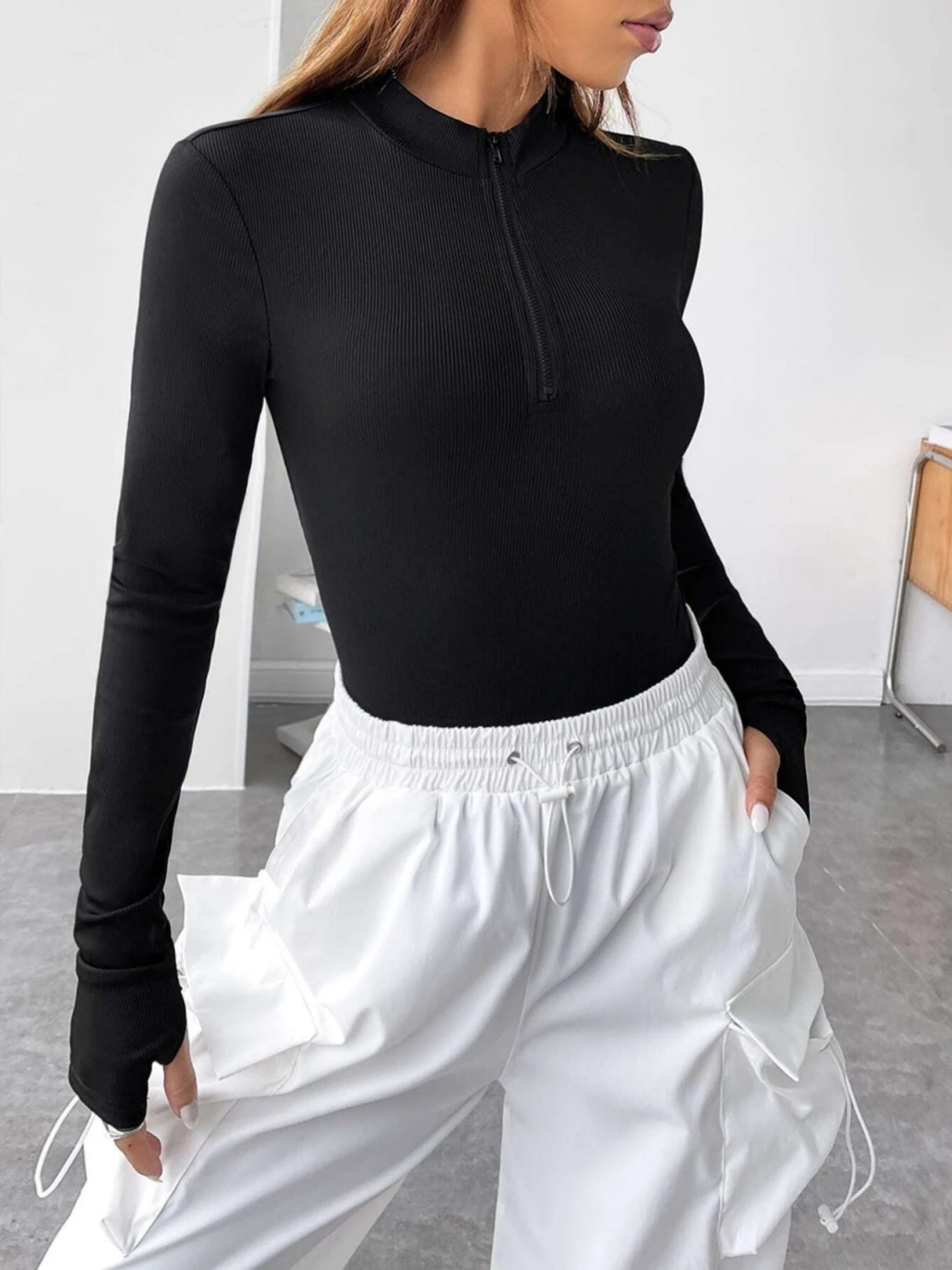 Stand-up Collar Ribbed Zipper Long-sleeved Bodysuit